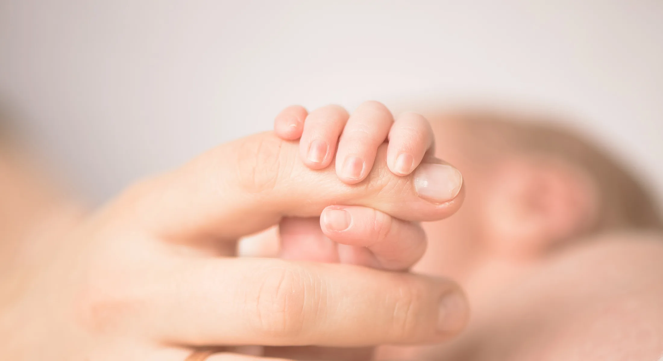 Die Hand eines Babys umfasst zwei Glieder des Zeigefingers der Hand einer Erwachsenen.
